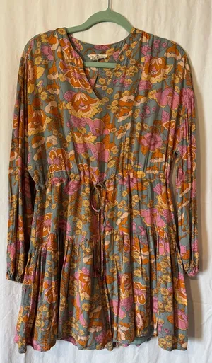 Entro Floral Boho Drawstring Waist Dress – Size M V‑Neck Long Sleeve thumbnail 1