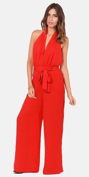 Lulus Red Halter Backless Sleeveless Jumpsuit Pants Cocktail Womens 2 thumbnail 1