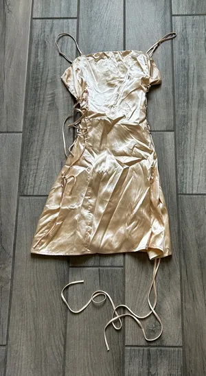 Lucy in the Sky Champagne Satin Mini Slip Dress with Side Ties thumbnail 1