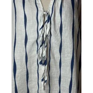 Rails Brielle Shirt Women Small White Blue‎ Wavy Stripe Linen Blend Tie Neck Top thumbnail 9