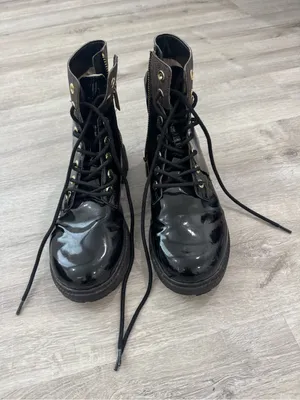 Michael Kors Black Patent Lace-Up Combat Boots with Gold Hardware thumbnail 1