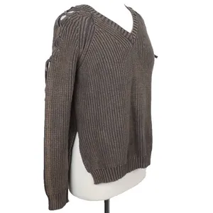 Umgee Chunky Knit‎ Sweater Women's Medium Mineral Wash Lace-Up Shoulder Grunge thumbnail 4