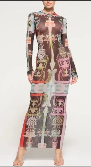 SKIMS Mesh spring Dress Orchid Cabinet M graphic maxi nwot boho rare party $180 thumbnail 1