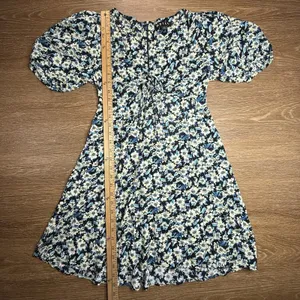 Motel Floral Mini Dress Womens XS Blue Black Puff Sleeve Ruched Cottagecore EUC thumbnail 6