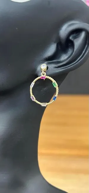 Gold-tone Hoop Earrings with Multicolor Gem Accents thumbnail 1