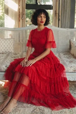 NWT Ivy City Co Whimsical Gown in Red Embroidered Tulle Ruffled Maxi Dress M thumbnail 1