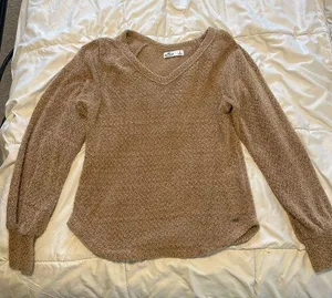 Hollister Tan V-Neck Sweater with Ribbed Texture thumbnail 1