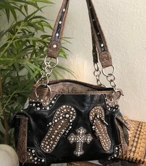 Y2K Whimsygoth grunge Black brown Leather western shoulder hand bag purse studded rhinestone bedazzled cross silver tone chains #boho #country #indie thumbnail 1