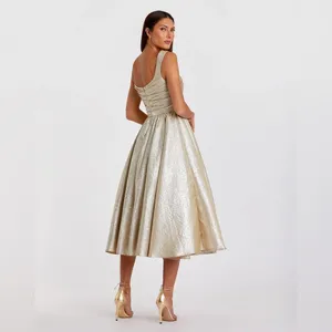 MAC DUGGAL Size 6 Gold Square Neck Pleated Sleeveless Midi Cocktail Dress Gown thumbnail 5