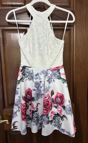 Ivory Lace Floral Halter Fit & Flare Dress thumbnail 1
