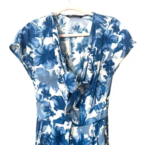 ZARA Floral Tie Front Linen Blend Jumpsuit Blue Small‎ thumbnail 6