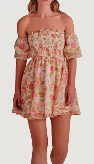 Betsey Johnson Babydoll Dress Sz L Floral Smocked‎ Pheasant Puff Sleeves Mini thumbnail 1