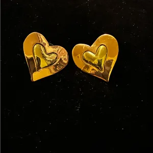 Brass and Gold Tone Double Heart Shaped Pierced Earrings thumbnail 2