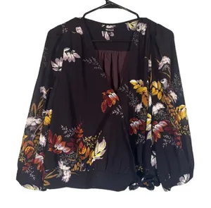 Madewell Black Floral Wrap Style V-Neck Long Sleeve Tie Waist Blouse Women Sz L thumbnail 1