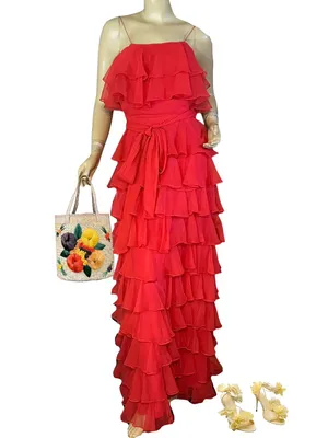 Vintage 1970'S Red Chiffon Tiered Ruffle Miss Elliette California Maxi Dress (S) thumbnail 2