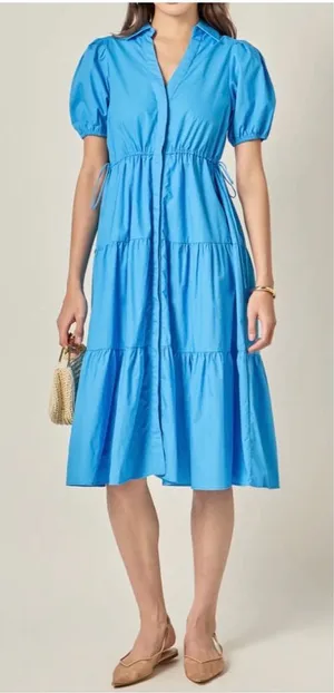 English Factory Ocean Blue Button Down Puff Sleeve Tiered Midi Dress thumbnail 1