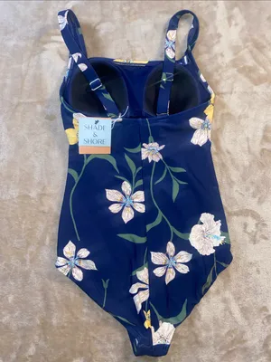 NWT Shade & Shore Navy Floral One-Piece Swimsuit with Yellow Accents thumbnail 3