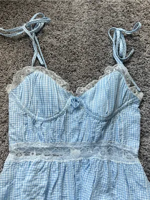 Light Blue Gingham Mini Dress with Lace Trim thumbnail 5