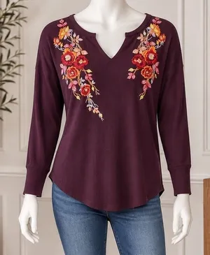Andree by Unit Purple Embroidered Floral Waffle Knit V Neck Top Boho S thumbnail 1