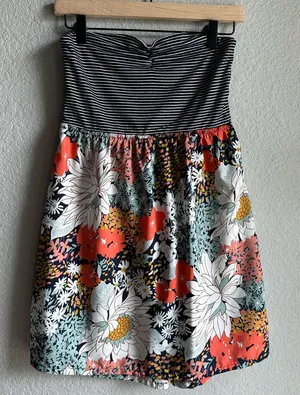 💙Roxy Navy Blue and Orange Colorful Floral Strapless Tube Dress thumbnail 1