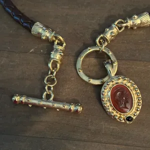 Brown leather braid toggle necklace with carved Roman head pendant thumbnail 5