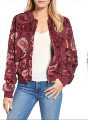 KAS New York Burgundy Velvet Paisley Ashlyn Burnout Bomber Jacket Size XS thumbnail 1