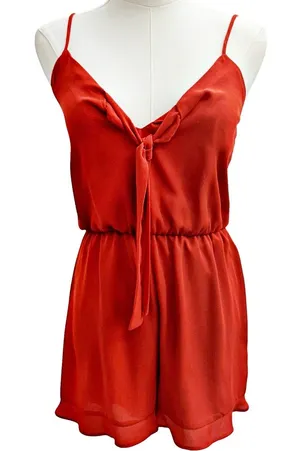 Everly Rust Burnt Orange Romper Adj Straps Flutter Tiered Legs thumbnail 1