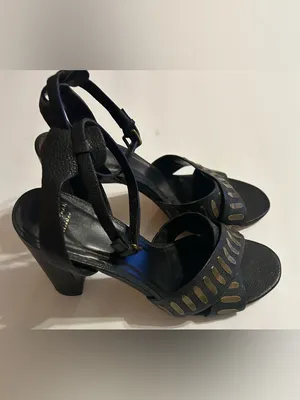 Cole Haan Black Leather Heeled Sandals with Gold Cutouts thumbnail 2