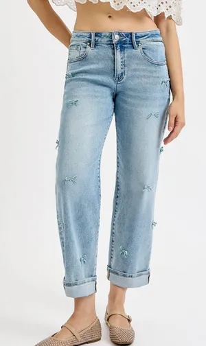 Risen Cassidy High-Rise Barrel Leg Bow Detail Cropped Blue Jeans Size 5/27 thumbnail 1