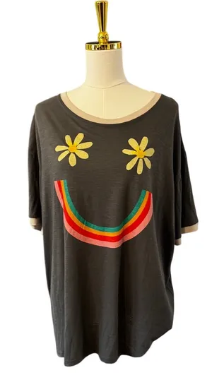 Natural Life Happy Face Daisy Rainbow Graphic Ringer Tee NWT Gray Oversized M thumbnail 1
