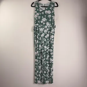 Baltic Born Margaux Wide‎ Leg Cinched Waist Dusty Green Floral Jumpsuit Small thumbnail 2