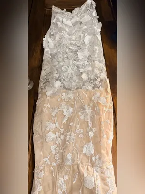 Sheer Lace Overlay Nude & White Spaghetti-Strap Dress thumbnail 2