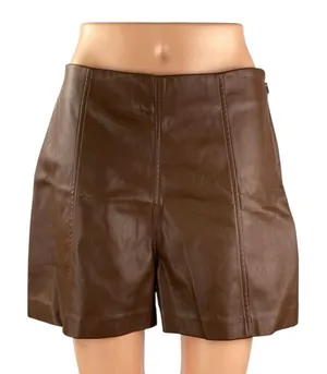 Meshki Women's Brown Fleece Lined High Rise Faux Leather Vegan Mini Shorts Sz M thumbnail 1