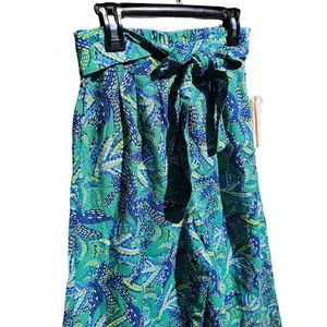 Midnight Sky -175‎ Blue Green Floral Linen Blend Tie Waist Wide Leg Pants Size S thumbnail 4