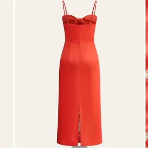 COMMENSE NWTs Embroidered Bow Detail Red Cami Midi Dress size small thumbnail 2