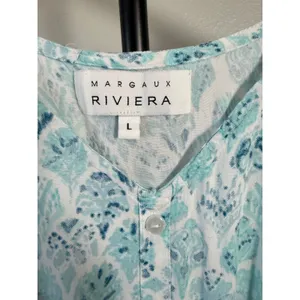 Margaux Riviera Blue White Print Viscose Maxi Dress Flutter Sleeve Size L thumbnail 4