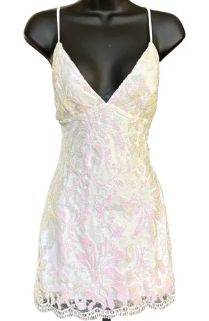 Lucy In the Sky Clarabelle‎ Iridescent Sequin Dress Sz S White Fairy Lace thumbnail 1