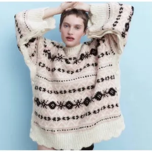 Zara Oversized Fair Isle Knit Sweater Pink Cream Side Button M-L NWT thumbnail 1