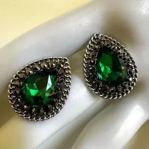 Green rhinestone silver tone teardrop post earrings thumbnail 3