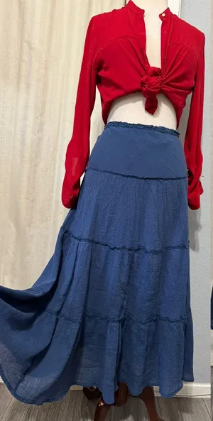 Chaps Maxy SKirt L‎ Navy Blue Crinkle Gauze Tiered Large Boho 100% Cotton Flowy thumbnail 1