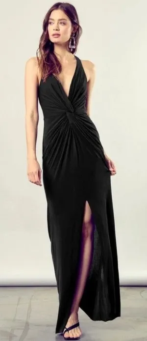 NWT Mustard Seed Maxi Plunging Neckline Black Twist Knot High Slit Dress thumbnail 1