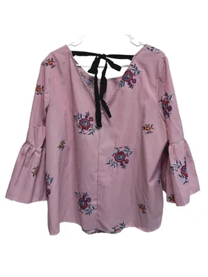 Nine West Red and White Striped Floral Embroidered Bell Sleeve Blouse Size XL thumbnail 4
