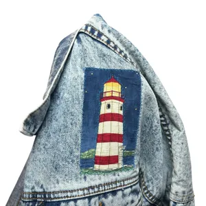 VTG 90s Ocean Denim Acid Wash Lighthouse Jacket Scenic Art Oversized XL thumbnail 12