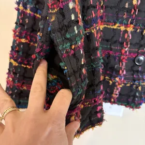 VINTAGE 80s Silver Stream 100% COTTON Jacket Large Black‎ Colorful Tweed Fringe thumbnail 5