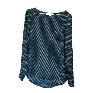 LOFT Blouse Women XS Navy Blue‎ Teal Polka Dot Roll Tab Sleeve Pocket Scoop Neck thumbnail 3