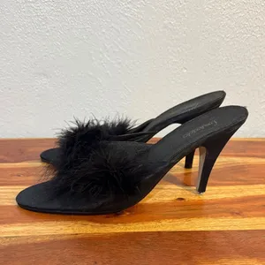 Vintage Y2K Frederick's of Hollywood Black Marabou Feather Satin Peep Toe Heel thumbnail 6