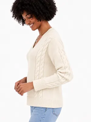 Charter Club Soft Cream 100% Cashmere Cable-Knit V-Neck Sweater Size Medium thumbnail 2