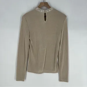 Endless Rose Metallic Gold Stretch Jersey‎ Liquid Knit Embellished Neck Top M thumbnail 7
