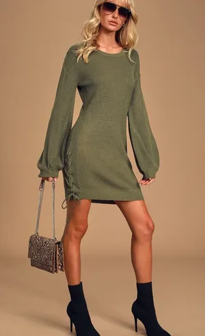 Lulus Lalianna Olive Green Balloon Sleeved Lace-up Sweater dress thumbnail 1