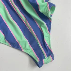 Fabletics Swimsuit Leotard Striped Tie Front Back Scoop Back Green Blue Pink thumbnail 5